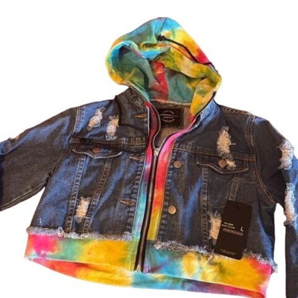 American Bazi Hooded‎ Denim women Jacket With Tie-Dye Trim cropped distressed - Picture 3 of 6